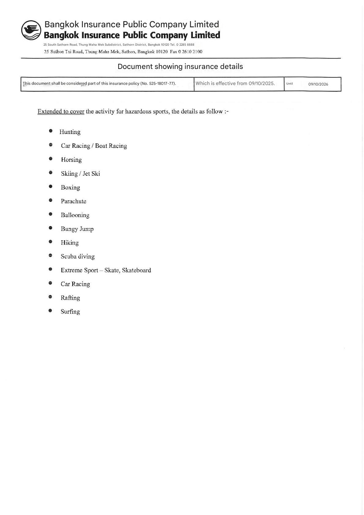 Bangkok Bank Insurance 09 10 25 too 09 10 25. Pol.525 18017 77 page 009